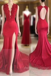Sexy Split Backless V-Neck Lace Red Semi Formal Prom Dresses
